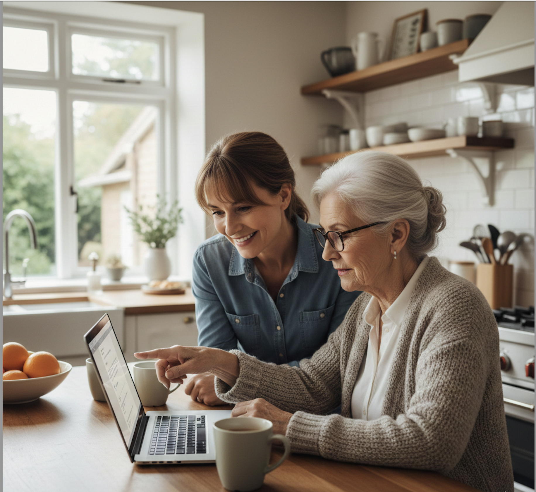 A person and their loved one reviewing an email together on a laptop at home